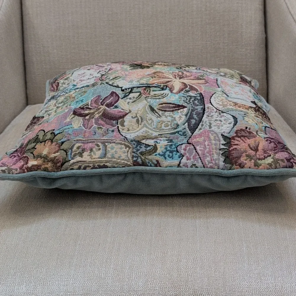 Vintage Ginger Jar Floral Tapestry Accent Pillow Velvet Backing